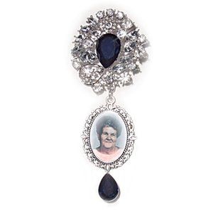 Wedding Bouquet Memorial Photo Charm Brooch Navy Blue Elegance Crystal Gems